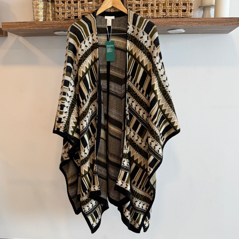 H&M Conscious Cape Wrap Heavy Woven Tribal boho poncho Open Sweater